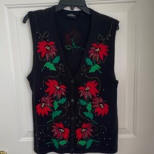 Vintage Black & Red Poinsettia Gold Balls Christmas Sweater Vest Cardigan.